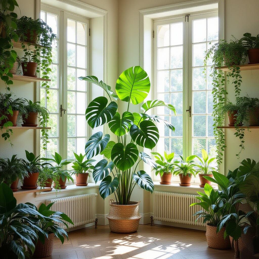 Monstera Plant in Sunlit Room with Cascading Ivy