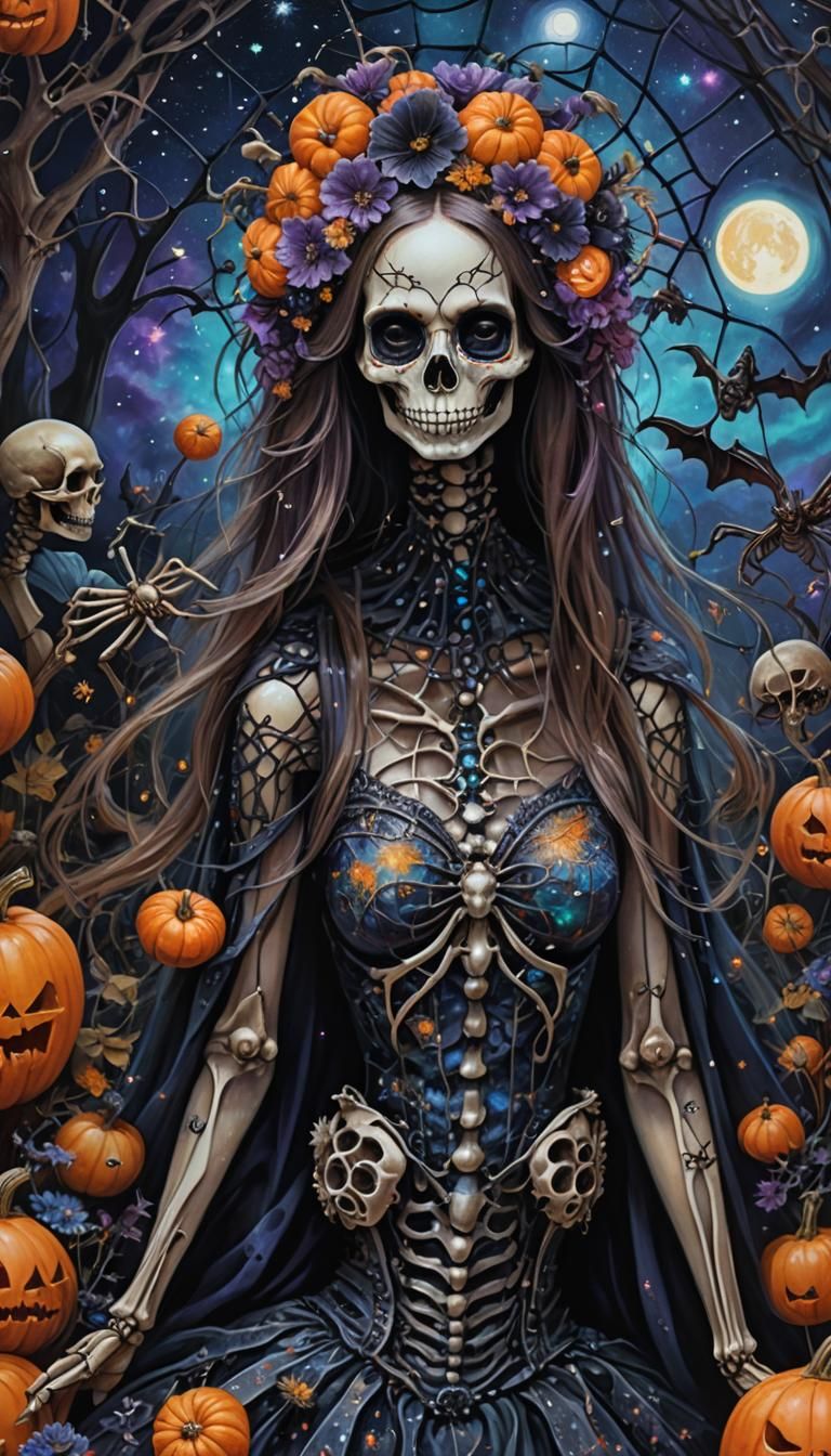 Girly Gothic Skeleton in Dark Surrealism Style