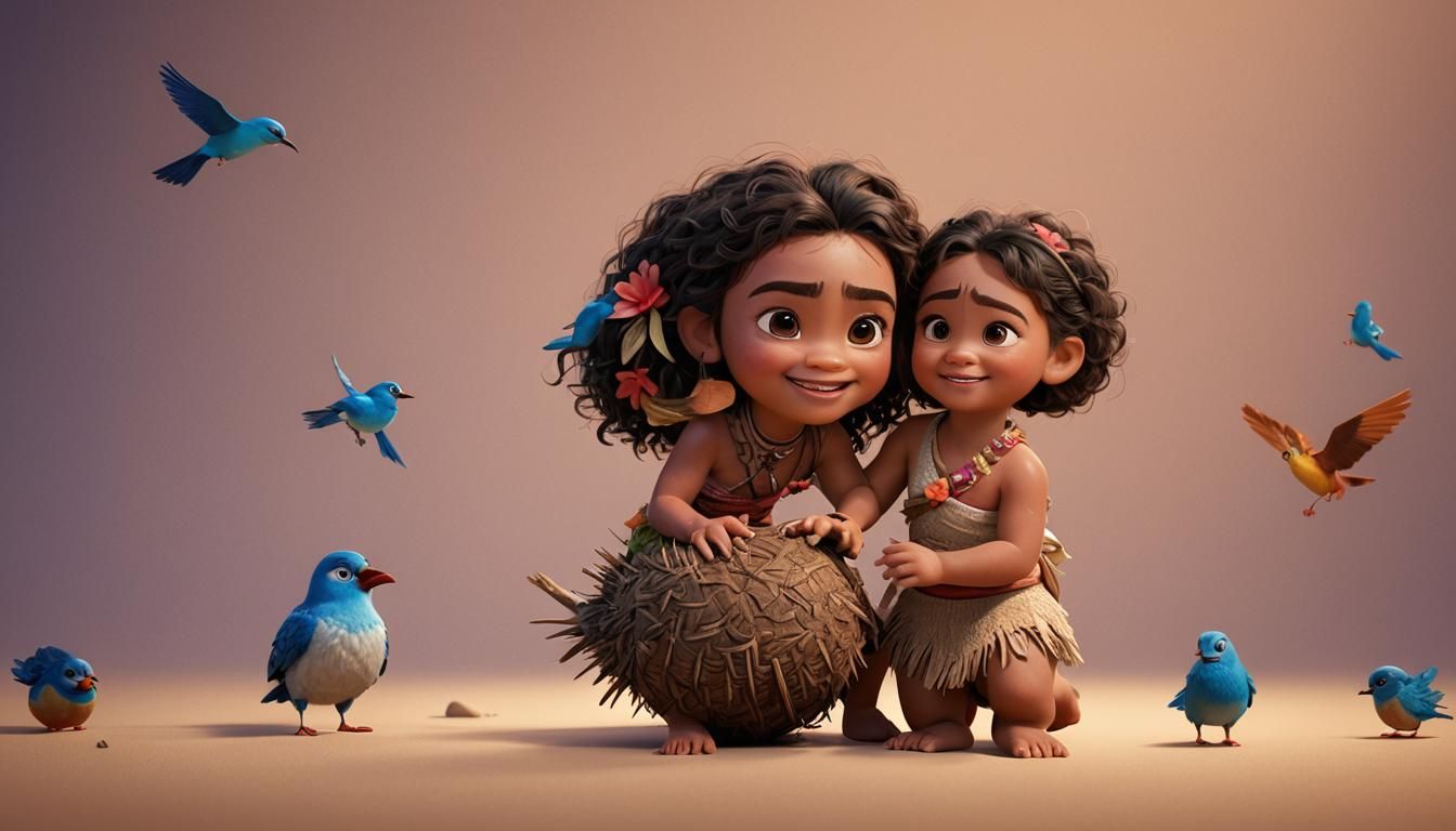 Baby Moana Girl with Bird: Pixar-Style 3D Art