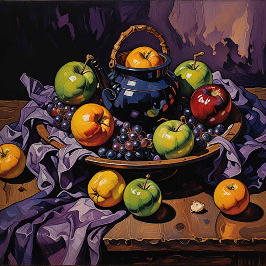 Mysterious Fruits with Gloomy Faces in Oil Painting Style