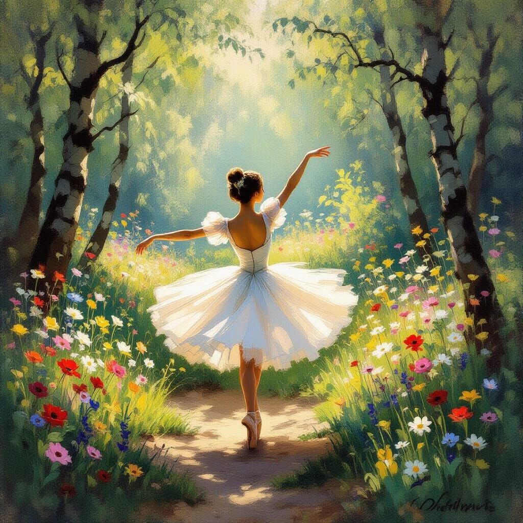 Ballerina Pirouettes in Sun-Dappled Forest Clearing
