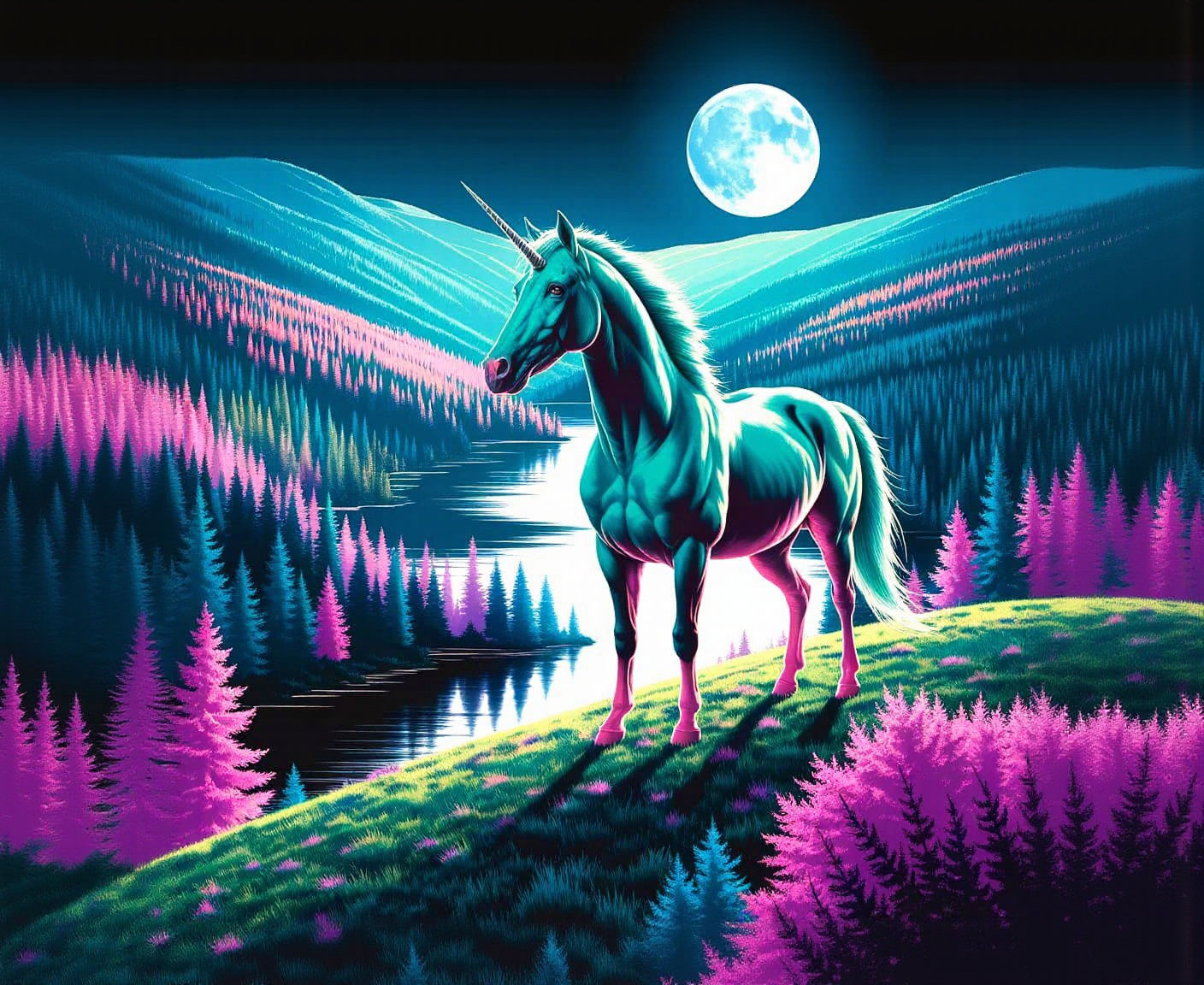 Green Unicorn Under Moonlight in Fantasy Landscape