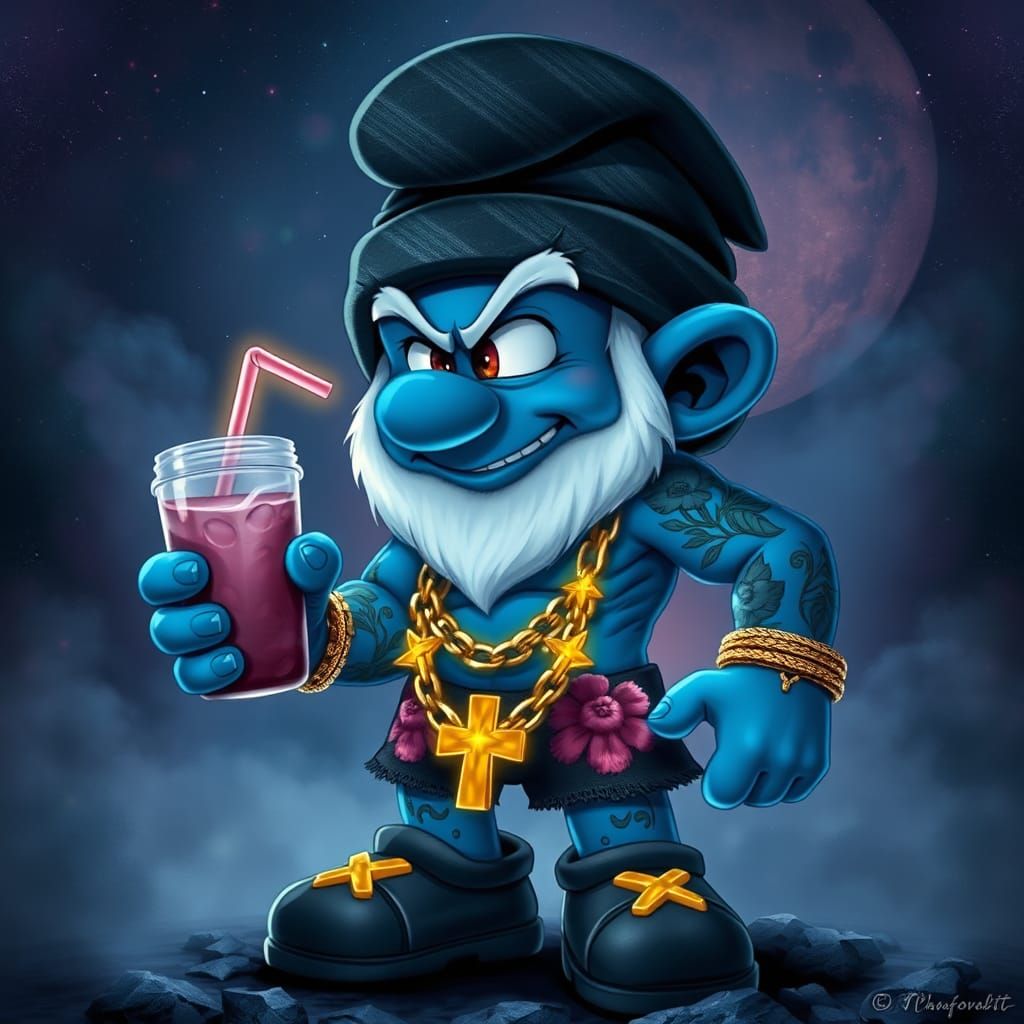 Ghetto Gangsta Papa Smurf with Tattoos and Gold