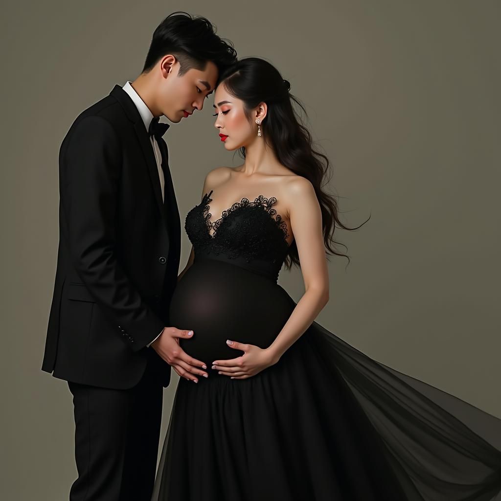 Melancholic Korean Woman in Black Wedding Dress