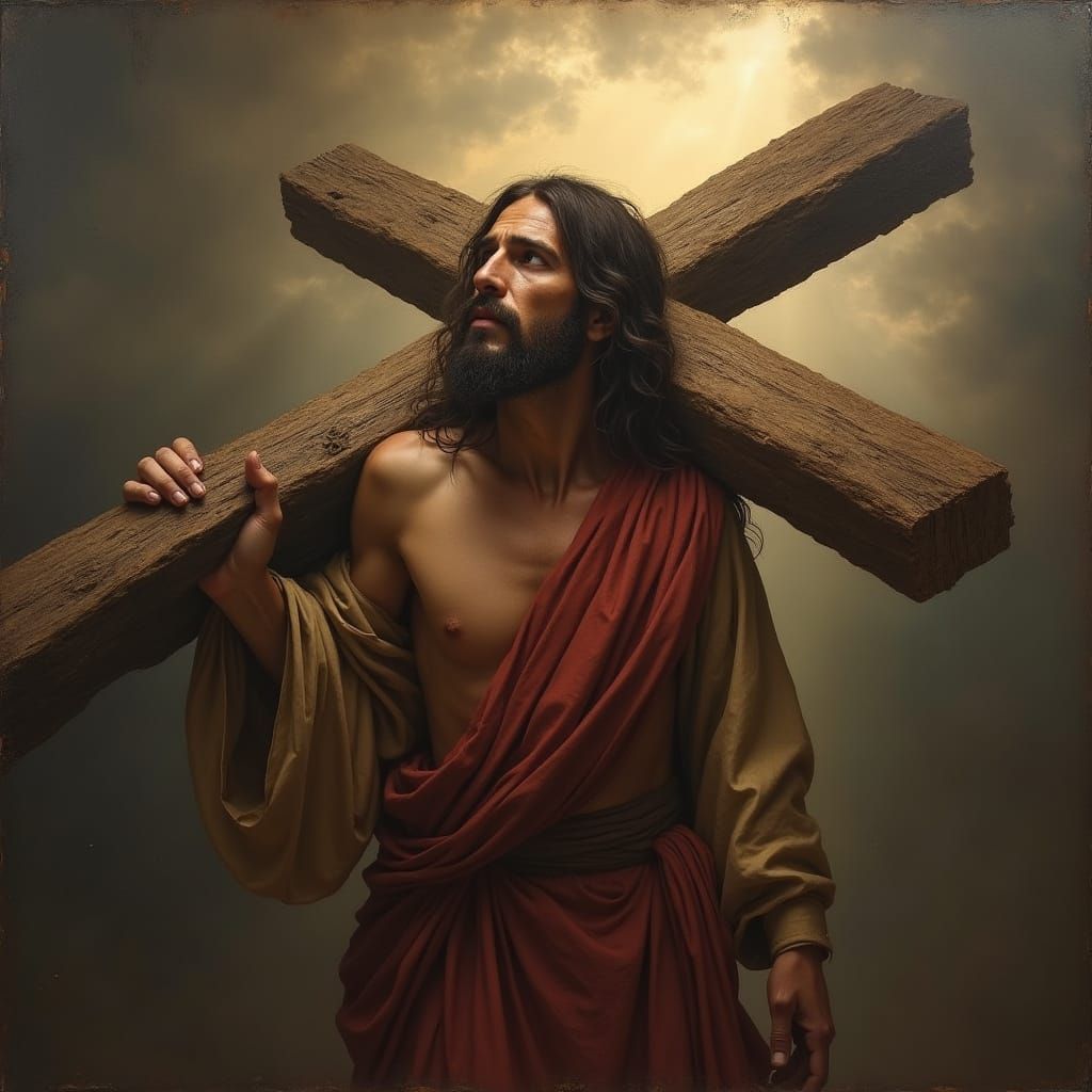 Jesus Christ Carrying the Cross in Dramatic Oil Painting Sty...