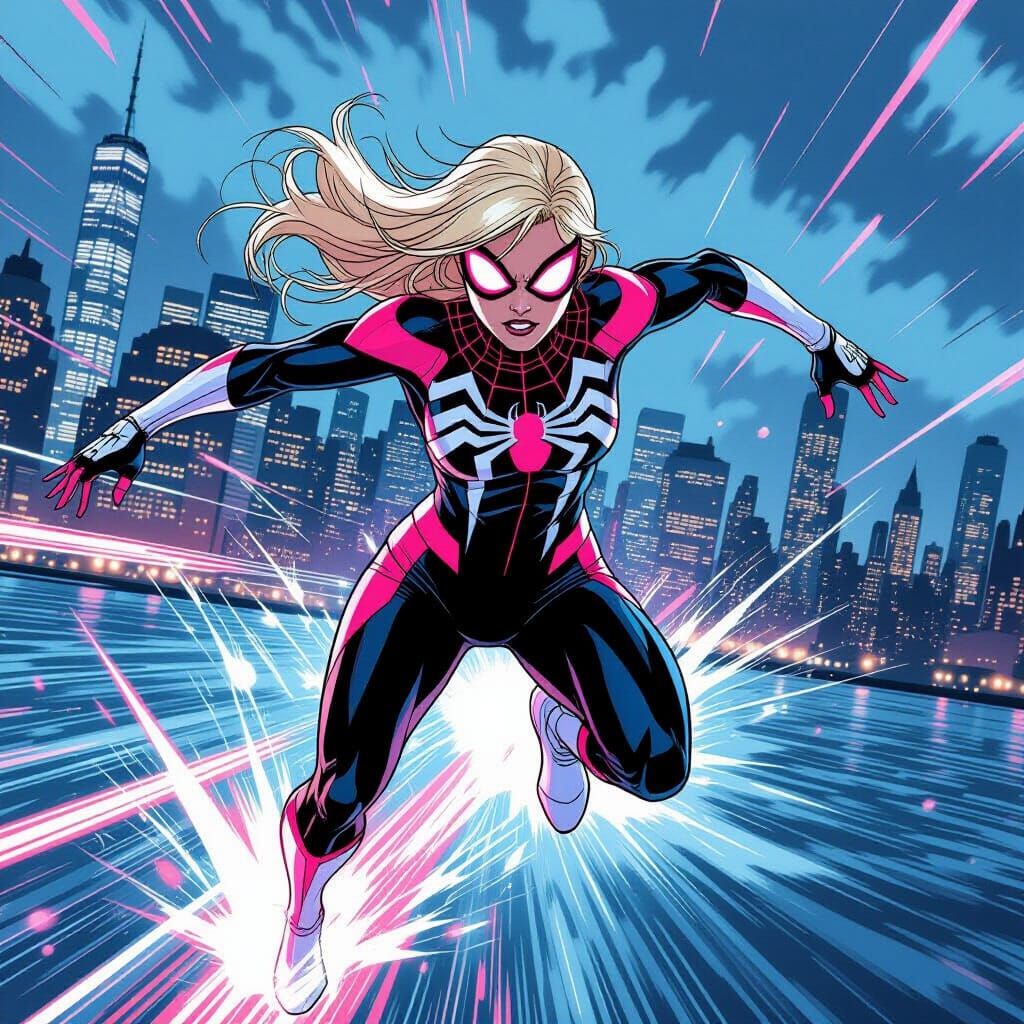 Ghost-Spider Speeds Across New York Harbor in Comic Style