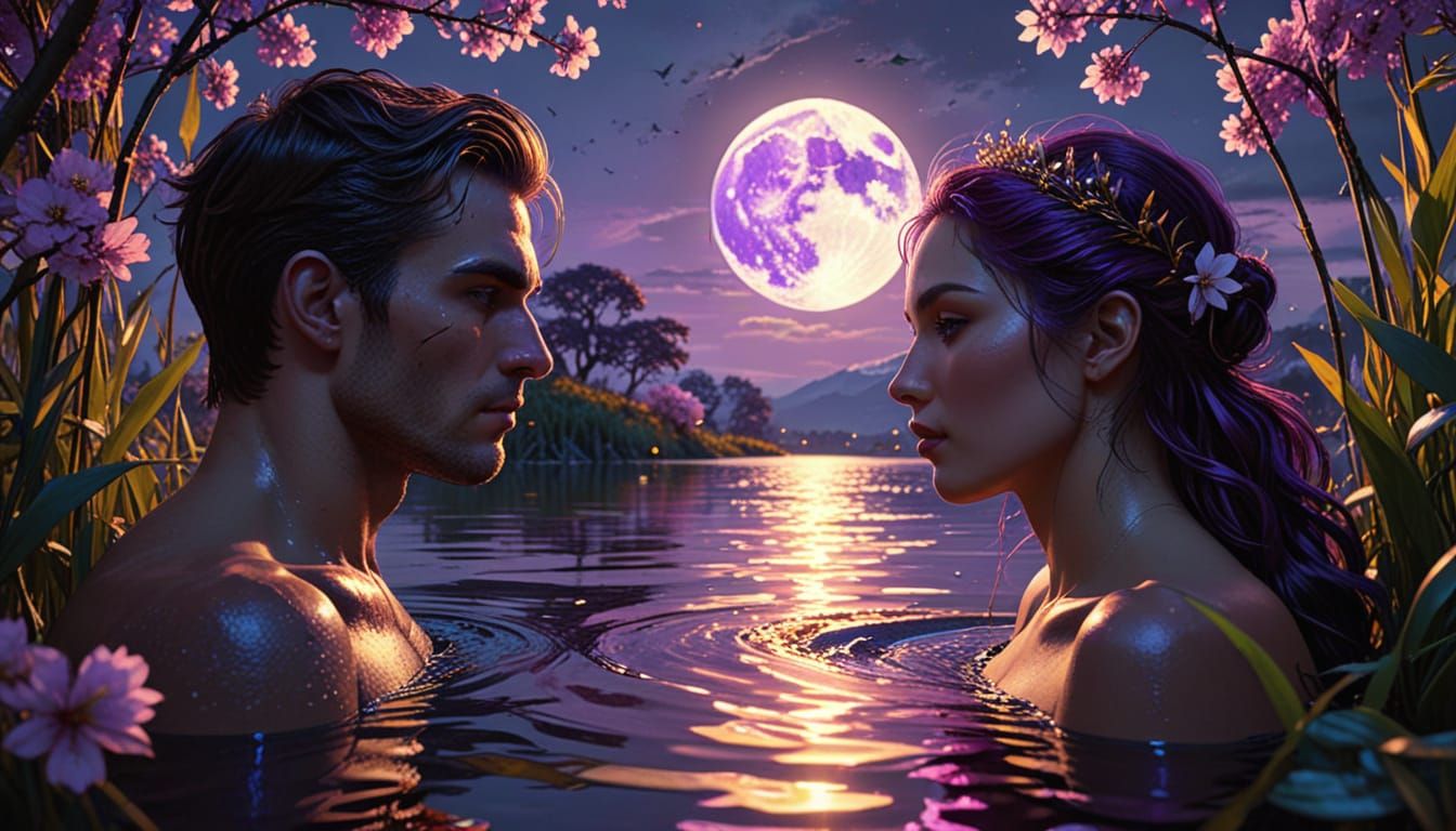 Lovers Gazing at Moon in Dark Fantasy Art Style