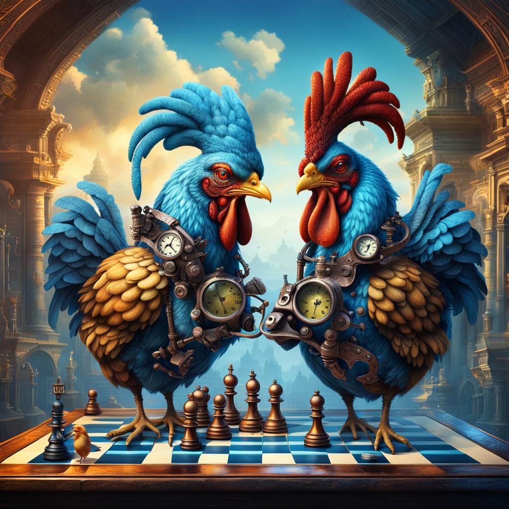 Steampunk Chickens Play Chess: Photorealistic Digital Art