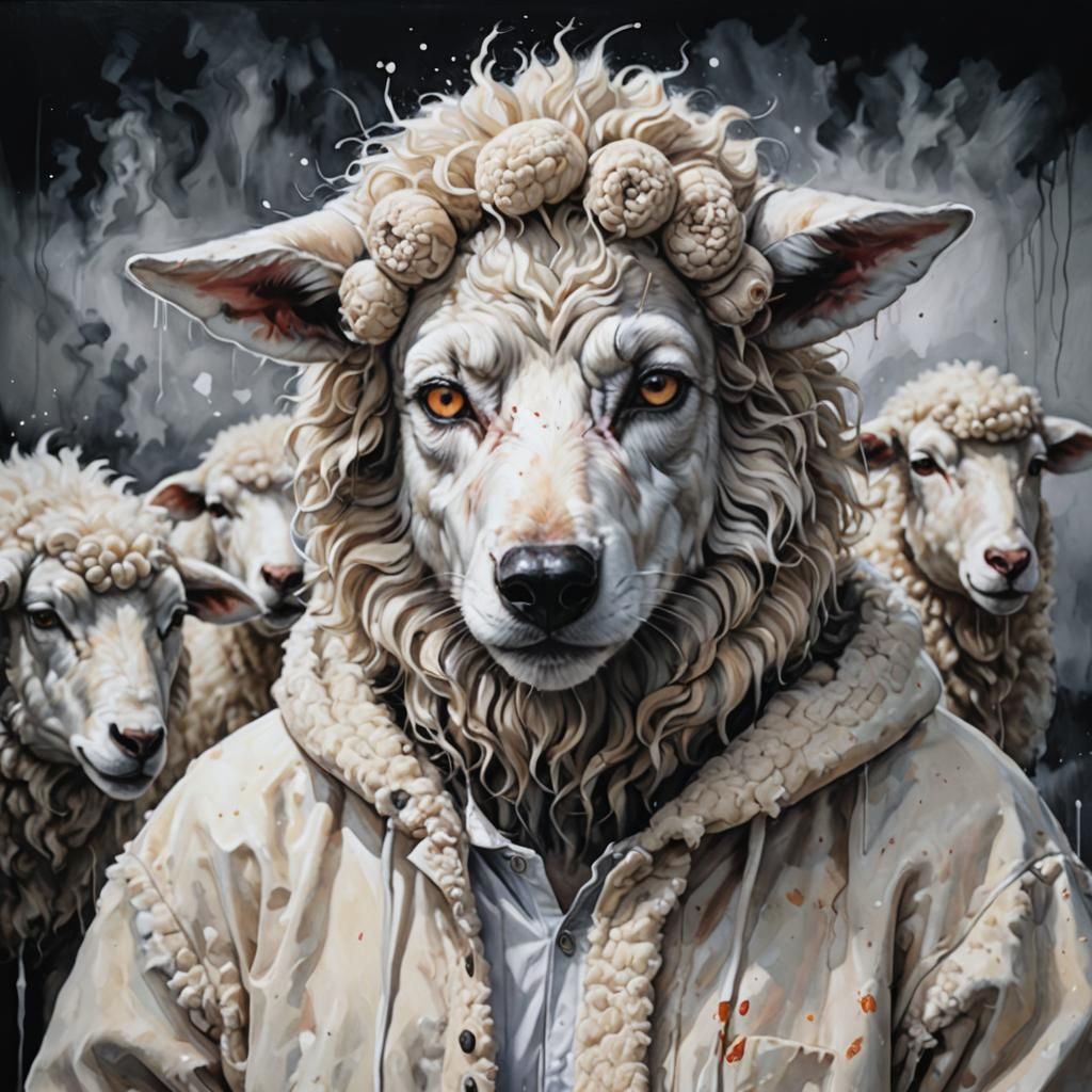Hyperrealistic Wolf in Sheep Costume, Watercolor Anime Style