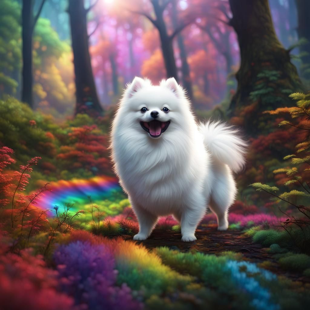 Pomeranian Puppy in Rainbow Forest: Fantasy Art