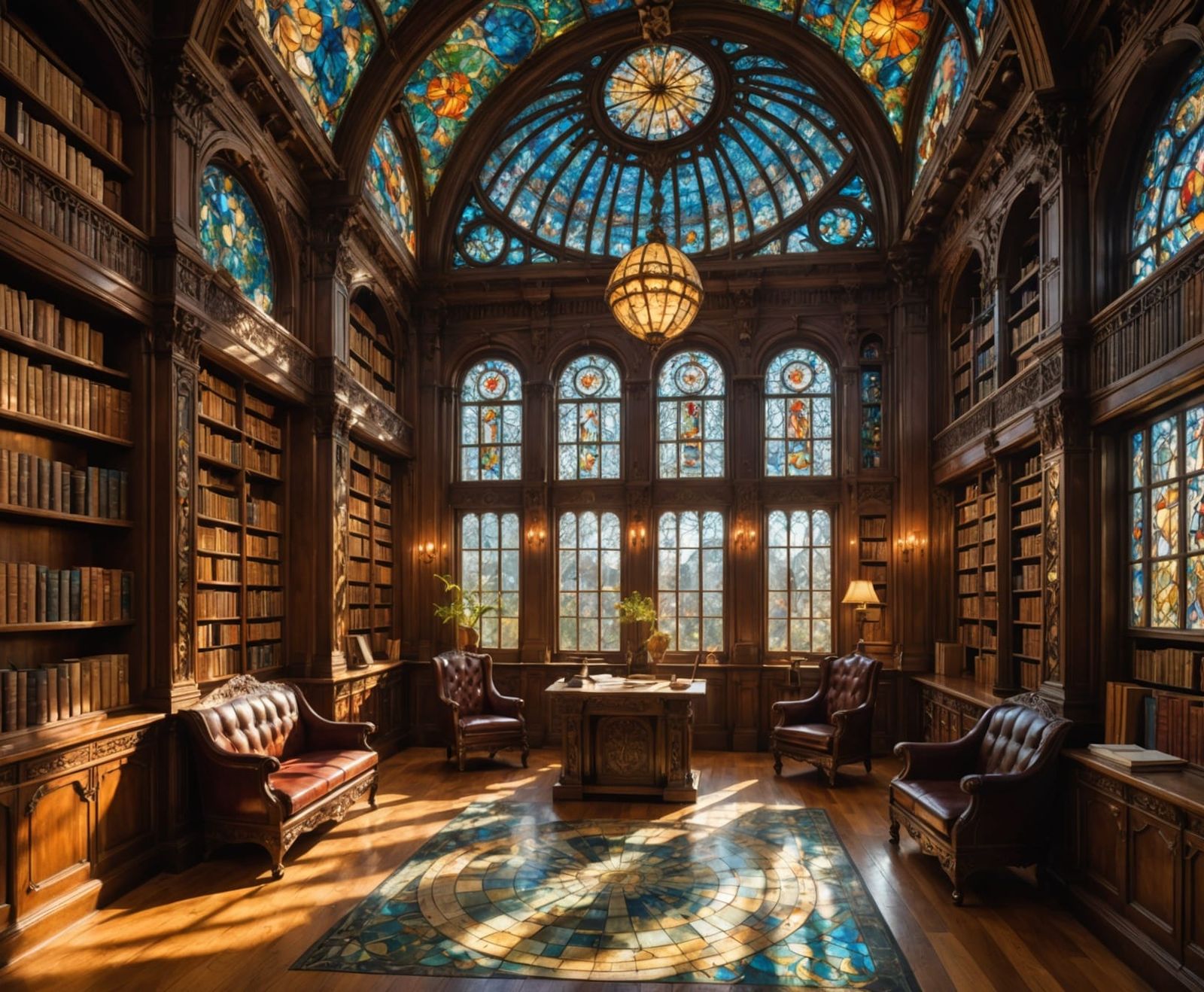 Art Nouveau Library Interior with Celestial Window and Schol...