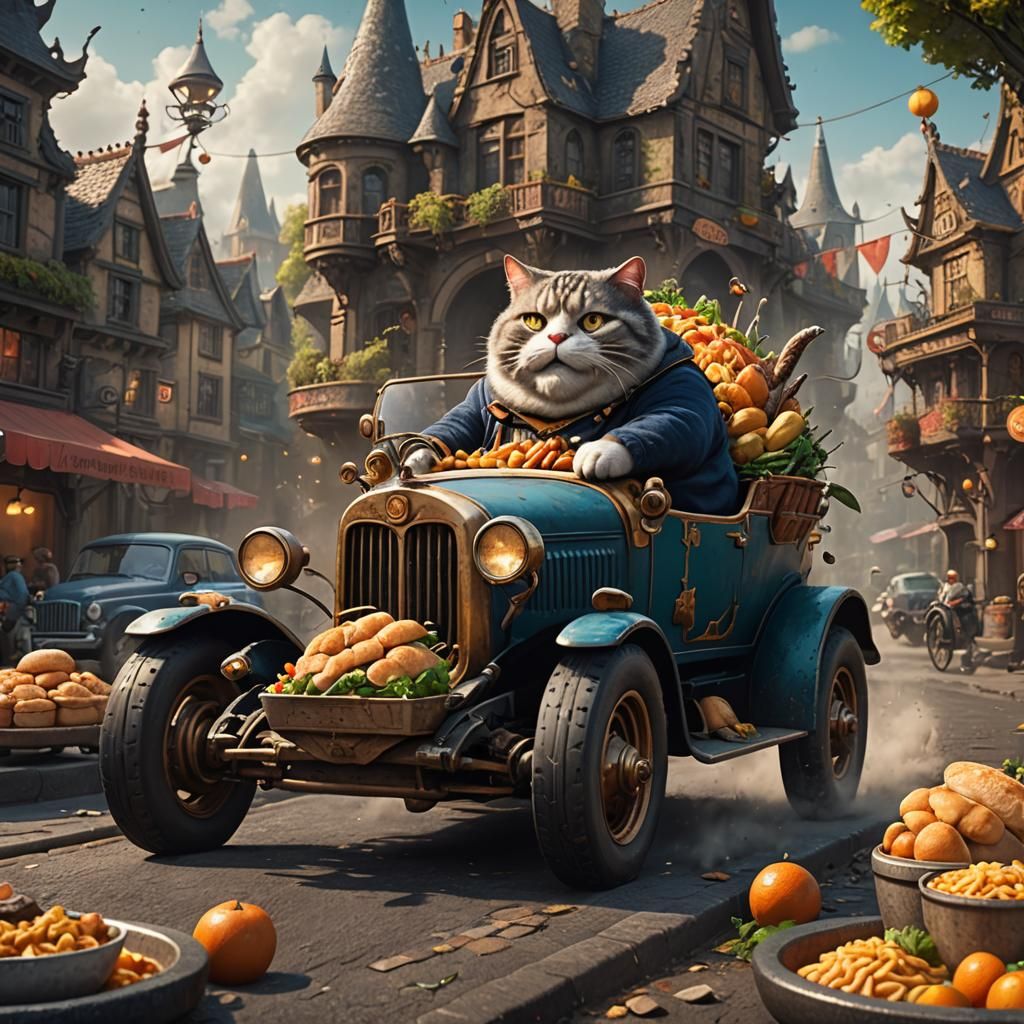 Fat Cat Driving Car: Fantasy Concept Art