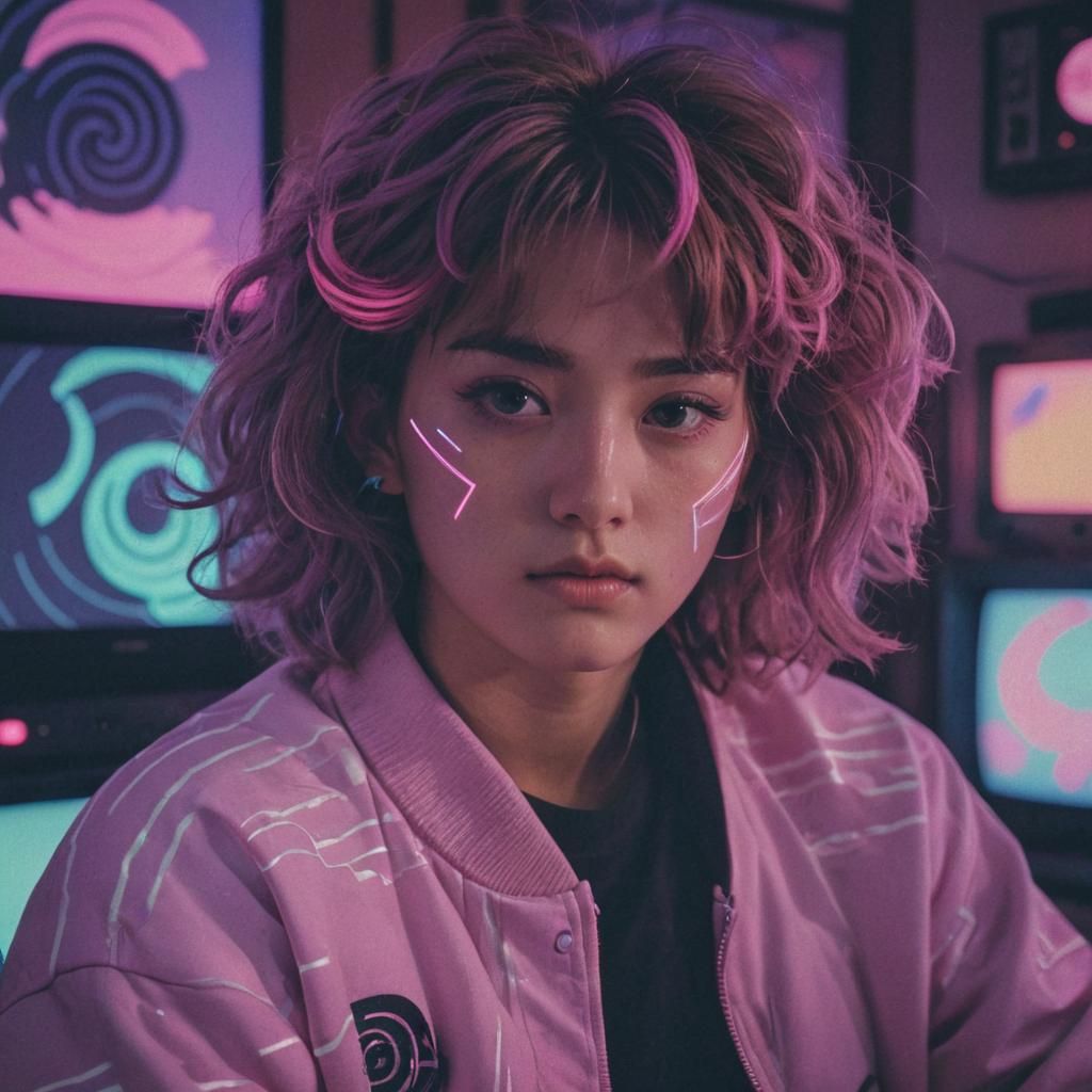 Vaporwave Portrait with Neon and Glitch Effects