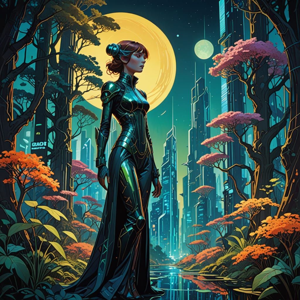 Forest and City Connected: Art Nouveau Oil Painting