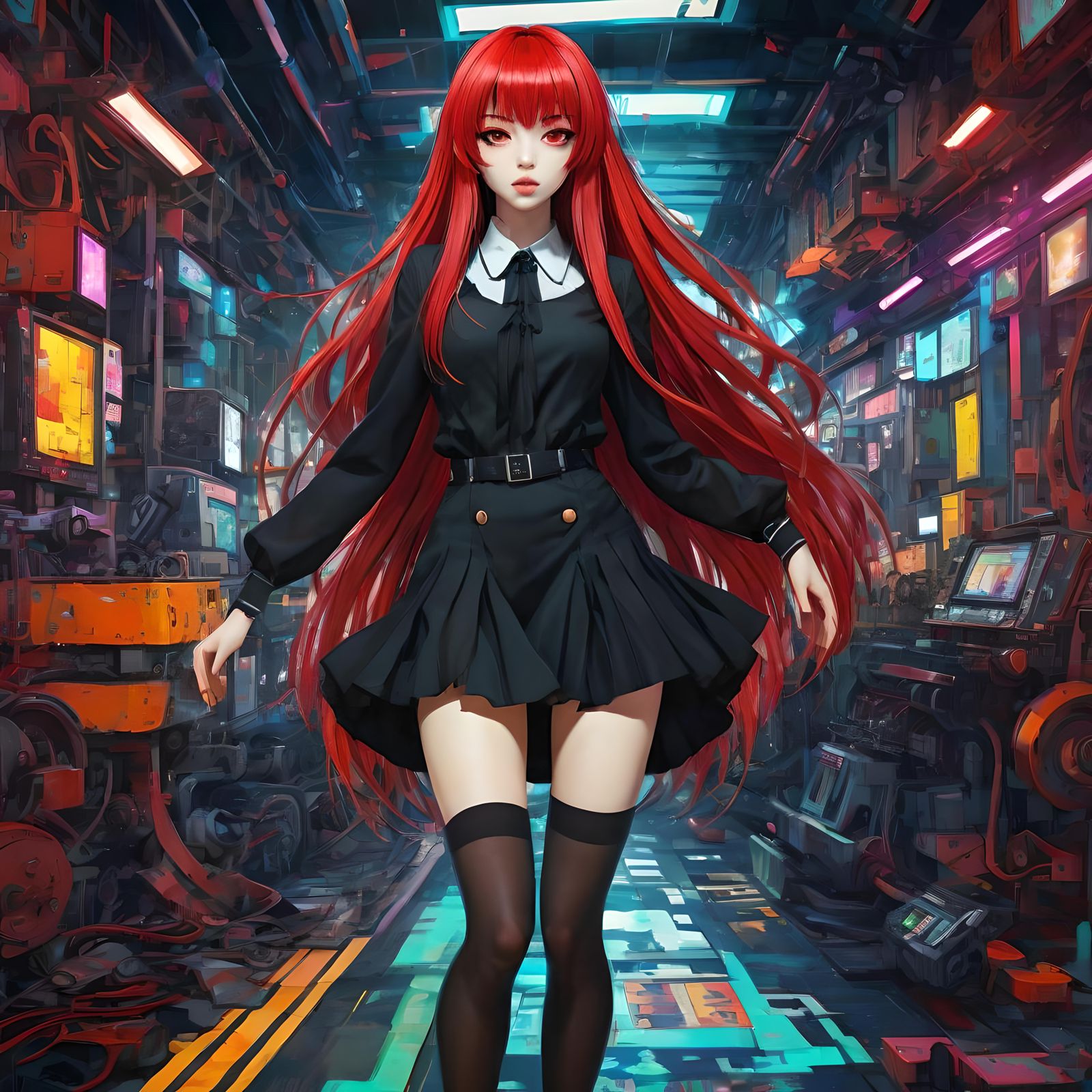 Anime Girl with Red Hair in Fashion Sketch Style