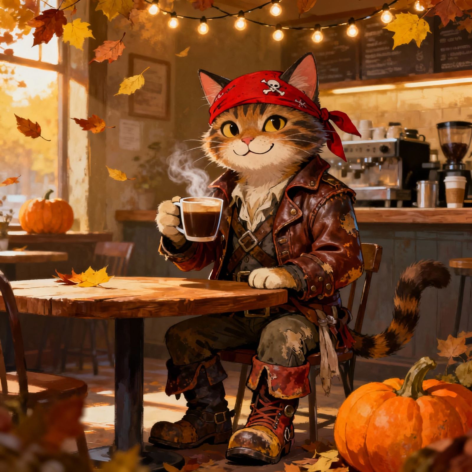 Cat Pirate Serves Coffee in Cozy Autumn Shop