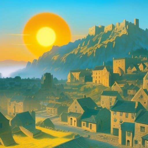 Hyperrealistic Village Under Moody Sunlight