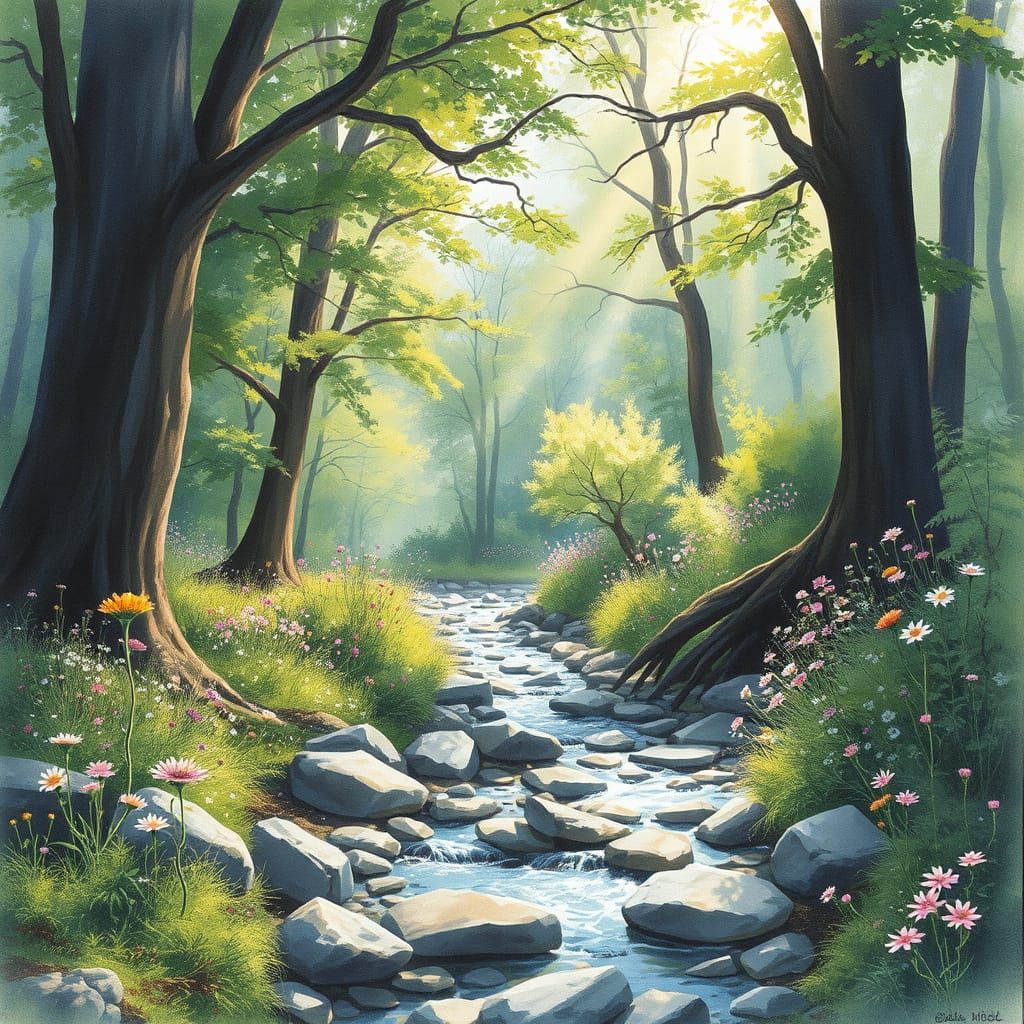 Sun-Dappled Forest Glade with Wildflowers in Watercolor