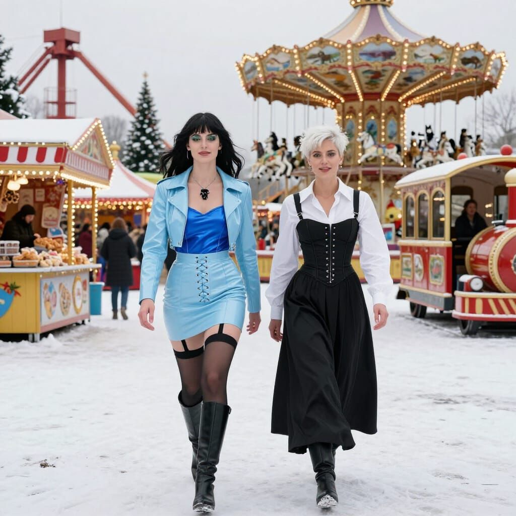 Two Women Enjoying a Winter Wonderland Christmas Fair