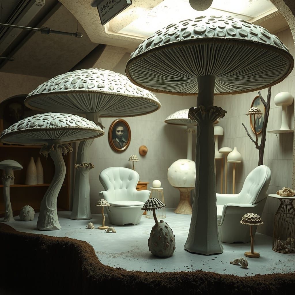 Surrealistic Boutique of Whimsical Mushrooms in Soft Light