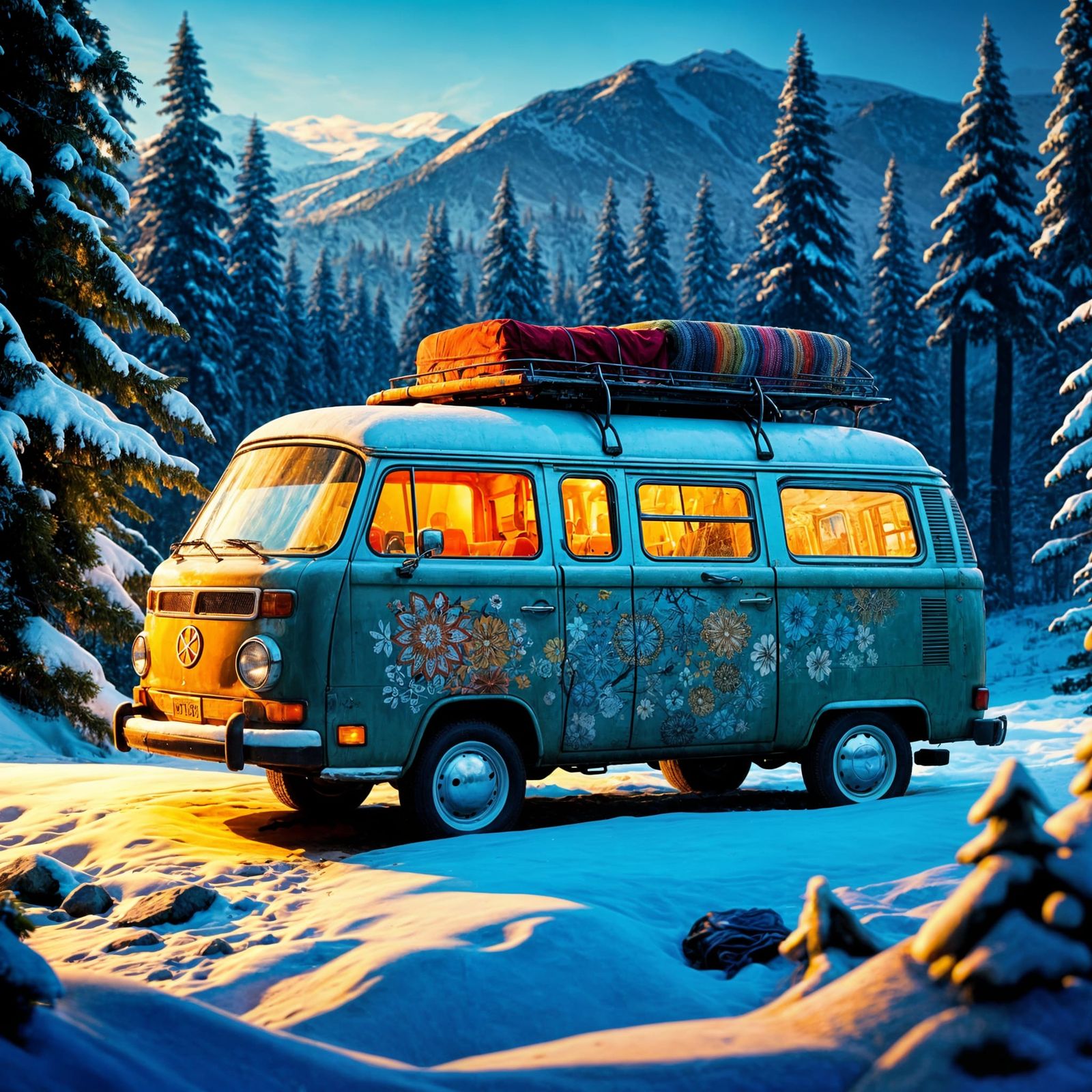 Hippie Van Winter Wonderland in Hyperrealistic Detail