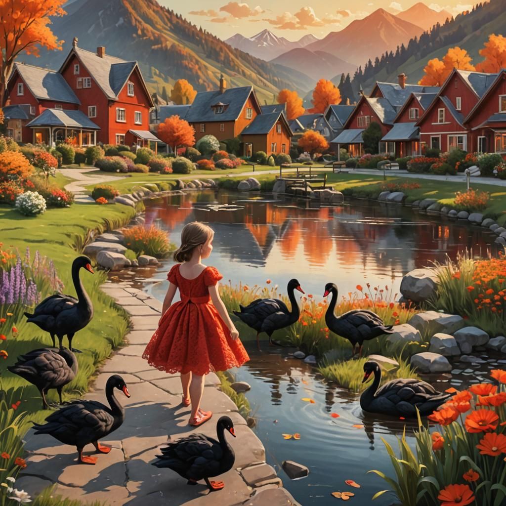 Black Swans in Autumn Landscape: Hyperrealistic Splash Art
