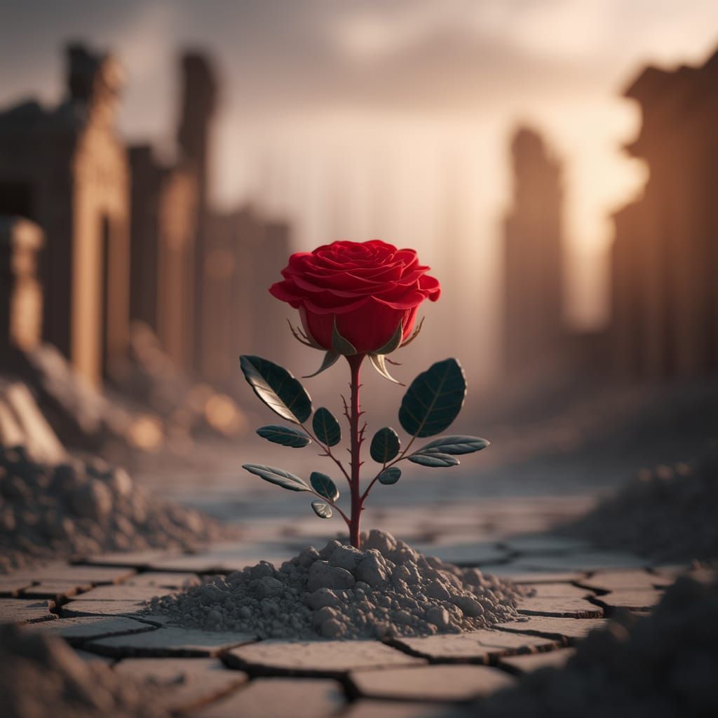Resilient Red Rose Thrives in Apocalyptic Landscape