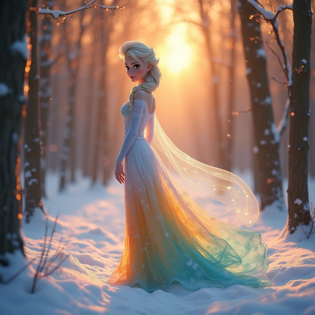 Ethereal Snow Queen in Sunset Forest
