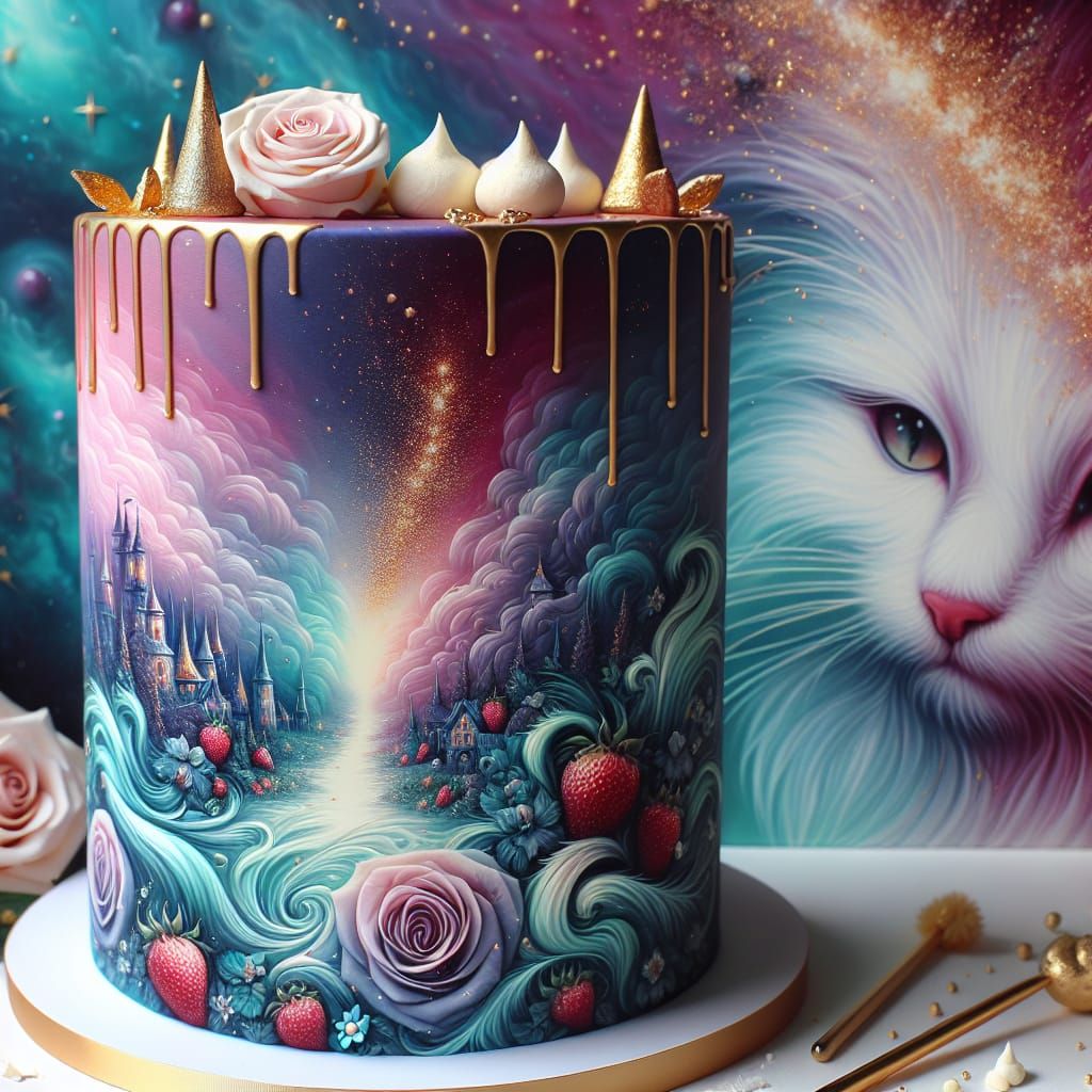 Magical Fairy Village Cake with Gold Roses