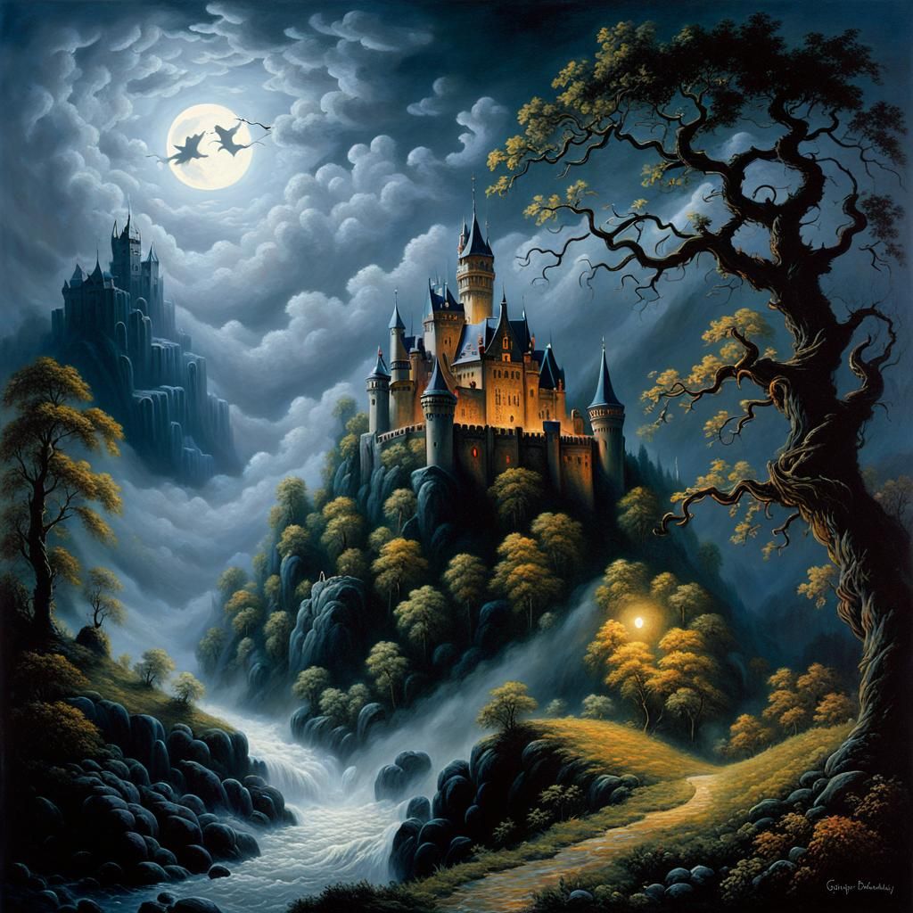 Dracula's Castle: Sinister Fantasy Oil Painting