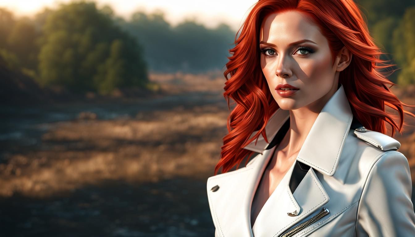 Auburn Beauty in White Suit, Hyperrealistic Portrait