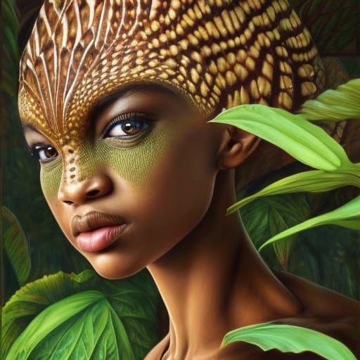 African Dinosaur Girl in Oil Painting Style