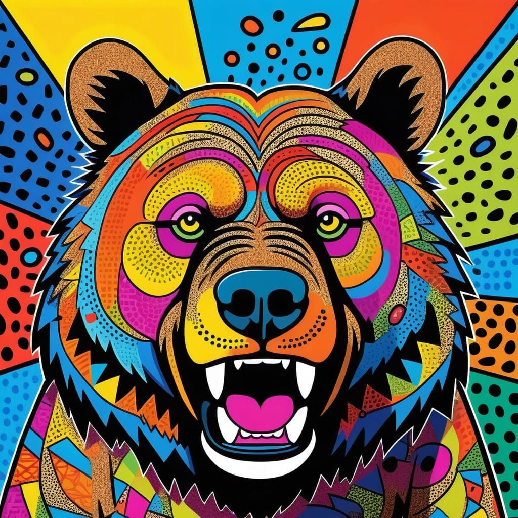 Vibrant Pop Art Grizzly Bear Growls in a Mosaic of Color