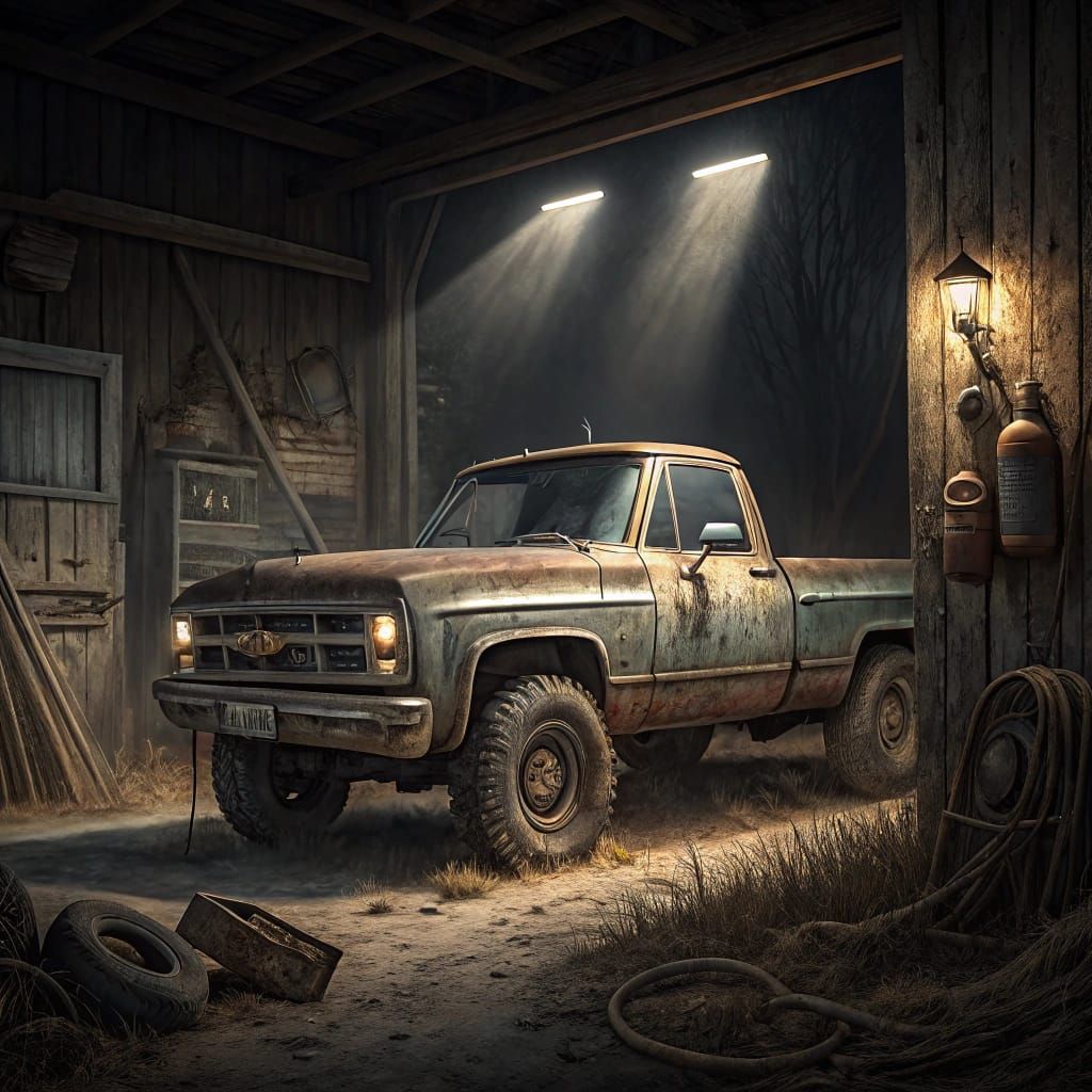 Dusty Old Truck in Barn, Rural Realism Style