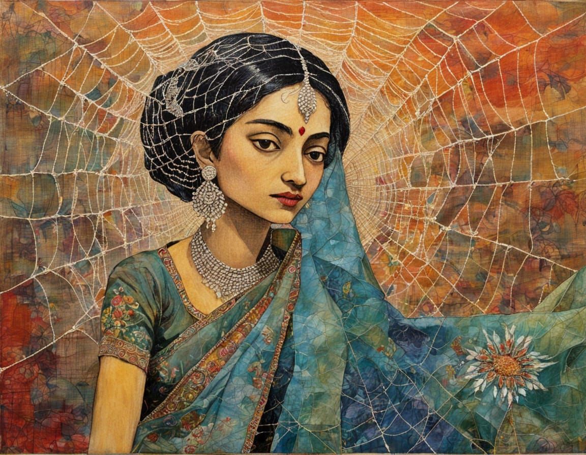 Glistening Spiderweb Textiles of a Goddess in Folk Art Style