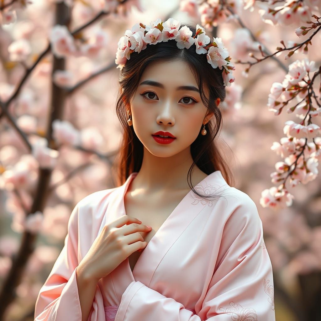 Serene Young Woman in Soft Pink Kimono