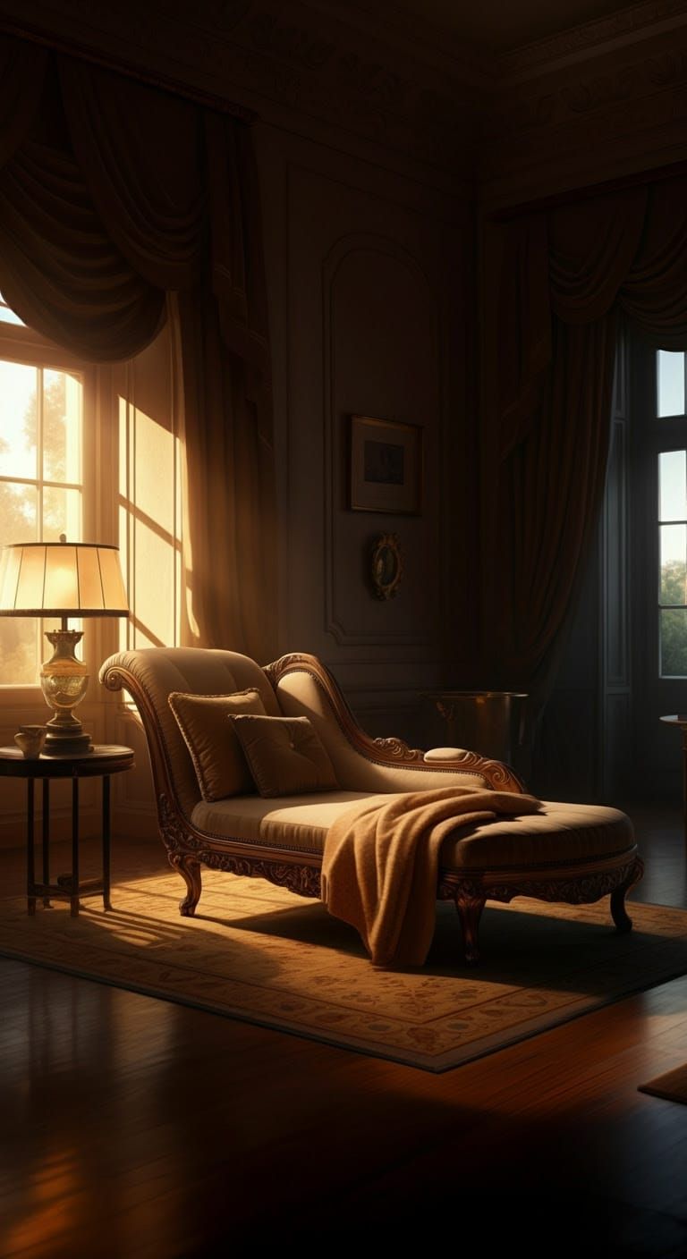 A luxurious chaise lounge draped with a blanket, beside a lamp, in a sunlit room with elegant curtains and polished wood...