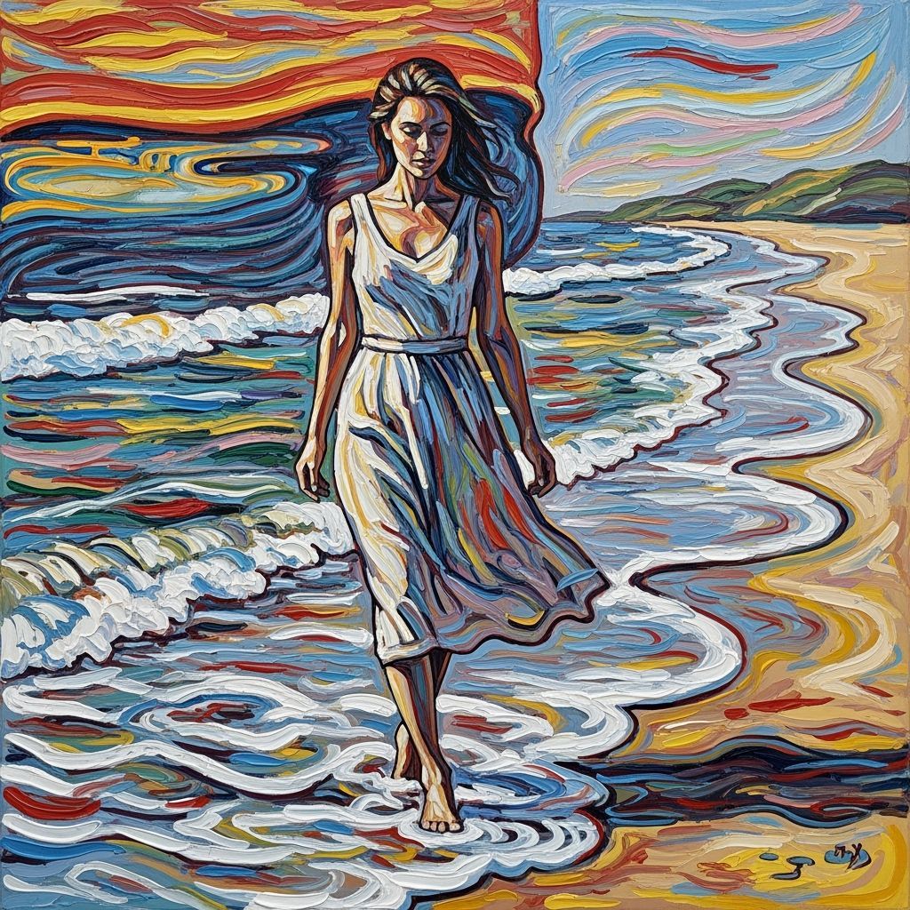 Woman on Beach in Neo-Impressionistic Style