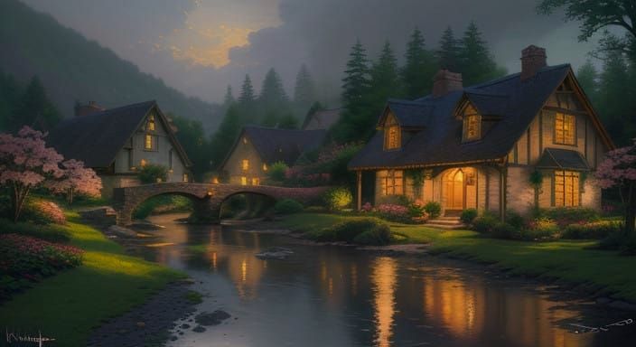 Whimsical Light-Filled Village Scenes by Thomas Kinkade