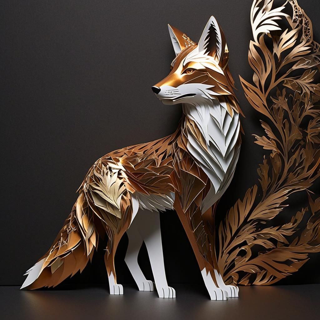 Metallic Kirigami Fox Sculpture with Intricate Details