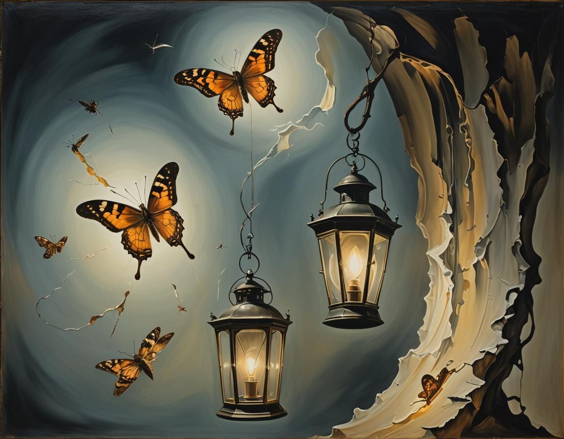 Surreal Moth and Lantern in Dali Style