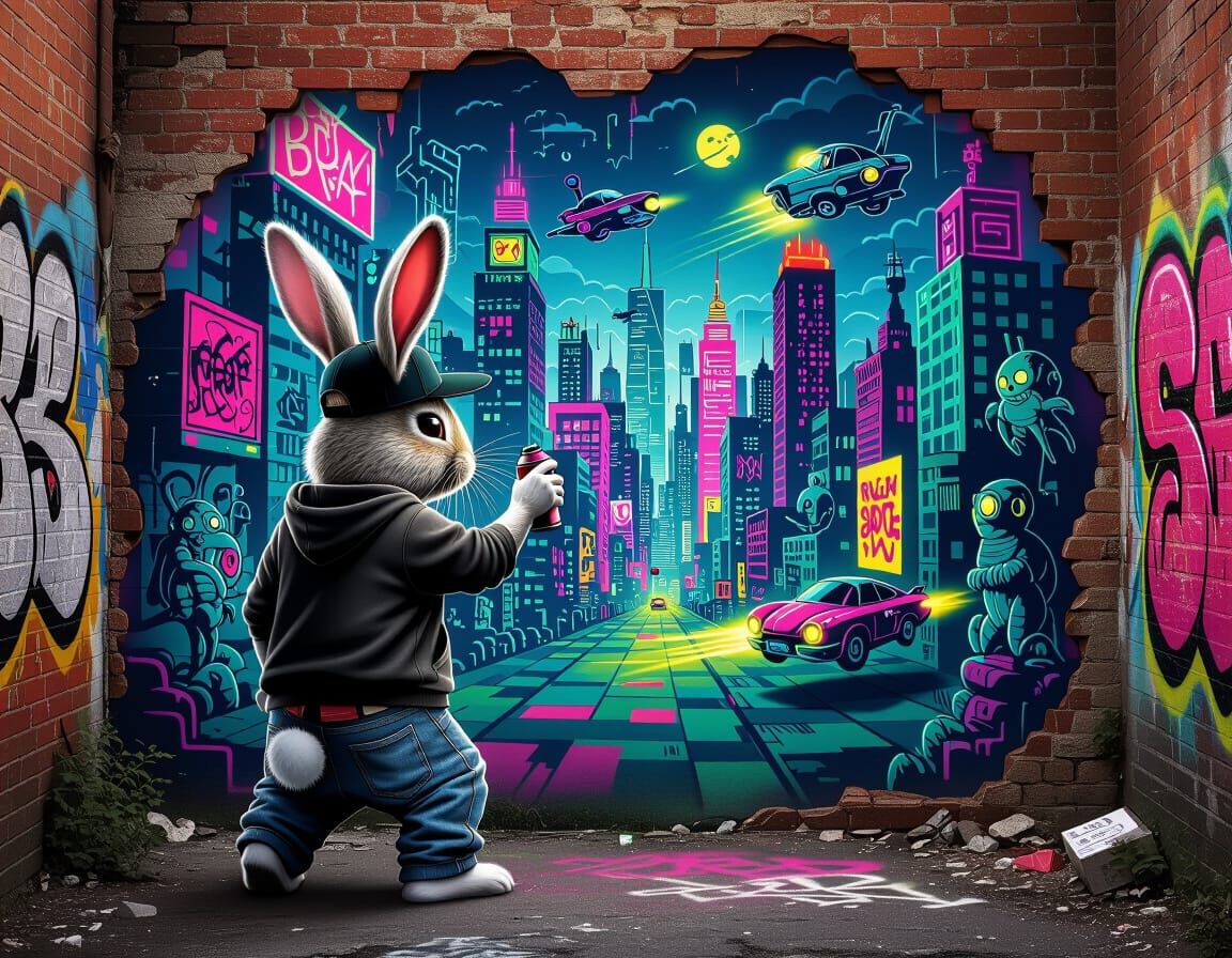 Rabbit Graffiti Artist Creates Cyberpunk Mural