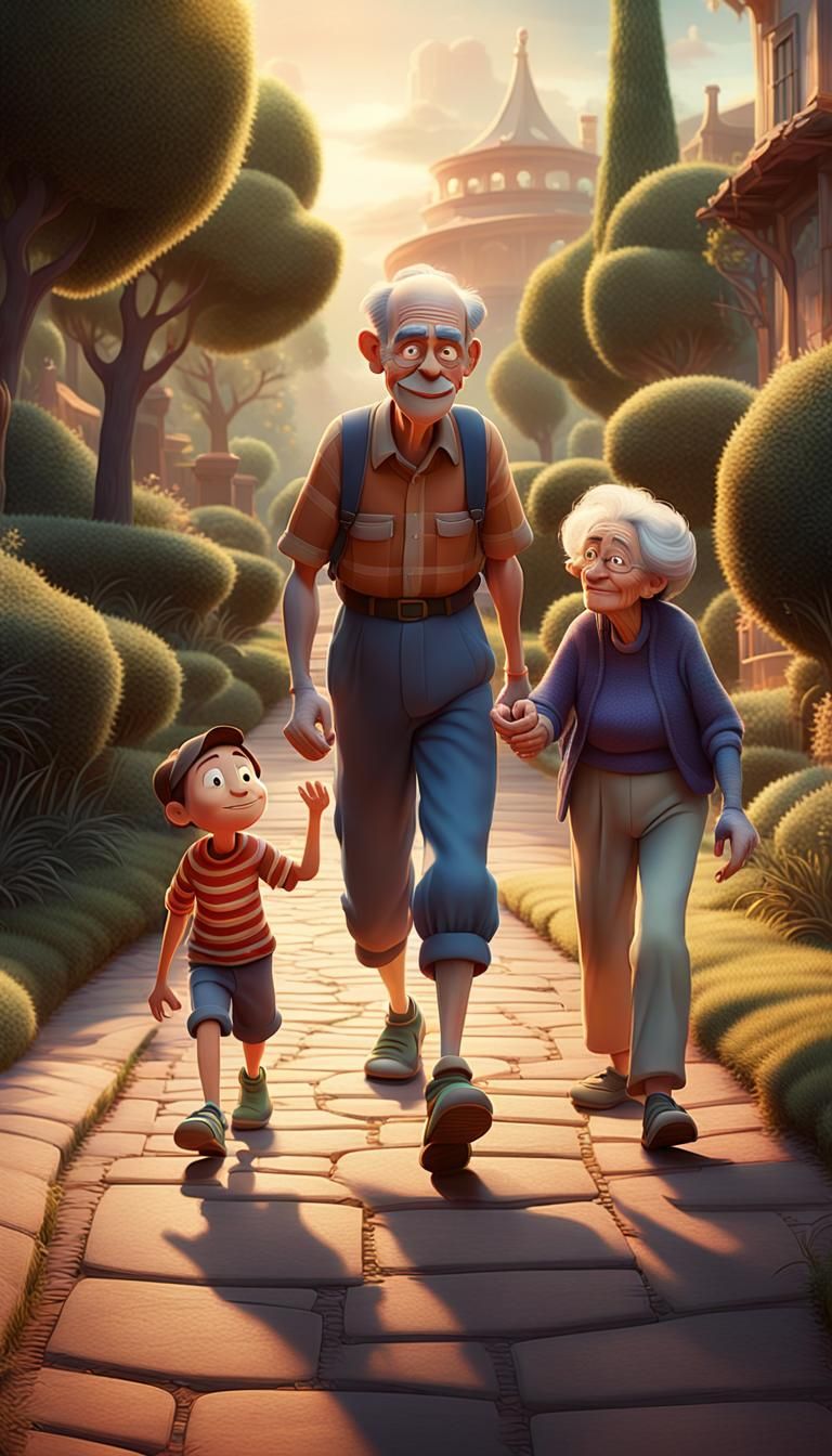 Boy Leads Elderly Pair in Pixar Realism