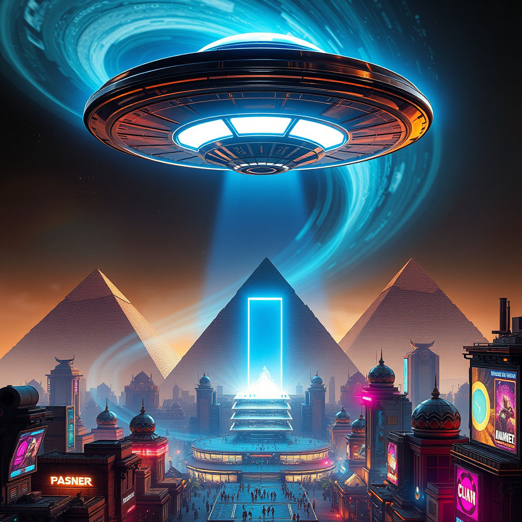 Cyberpunk UFO over Egyptian Pyramids