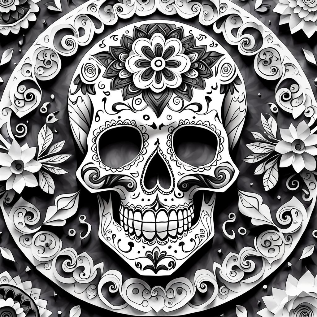 Sugar Skull Coloring Page in Doodle Art Style