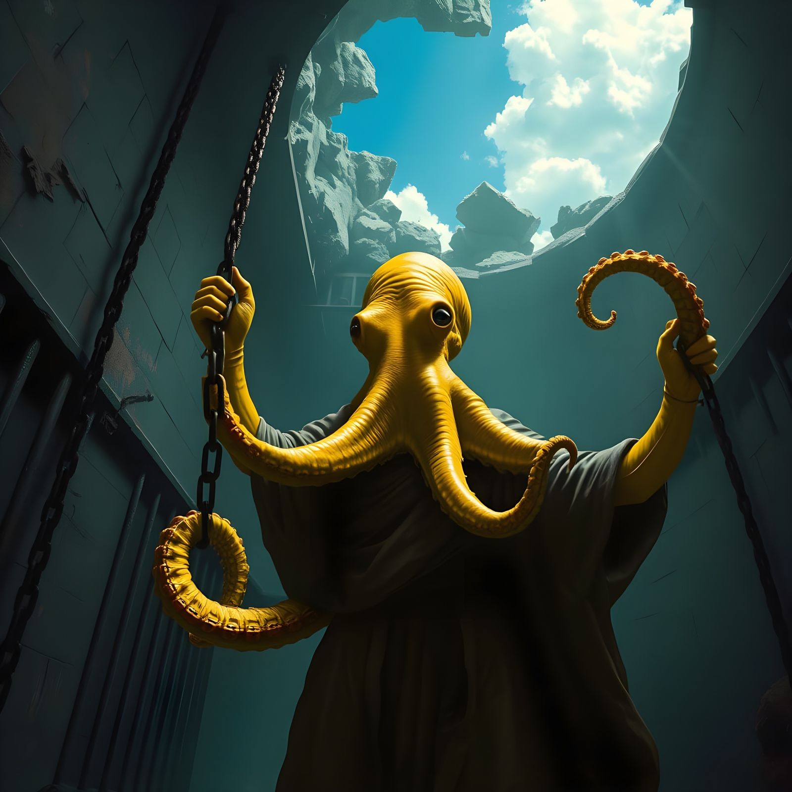 Humanoid Octopus Unshackled from Dark Prison
