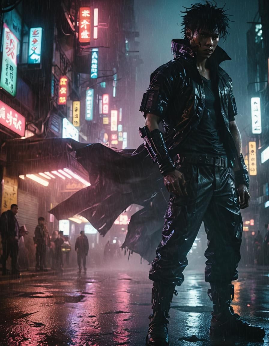 Menacing Villain Dabi in Cyberpunk Cityscape