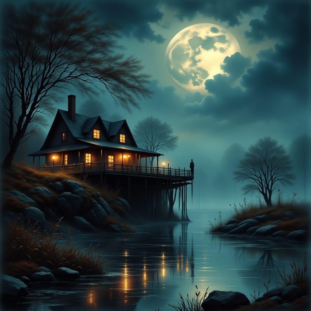 Epic Digital Watercolor Moonlit Portrait of a Woman and Her ...