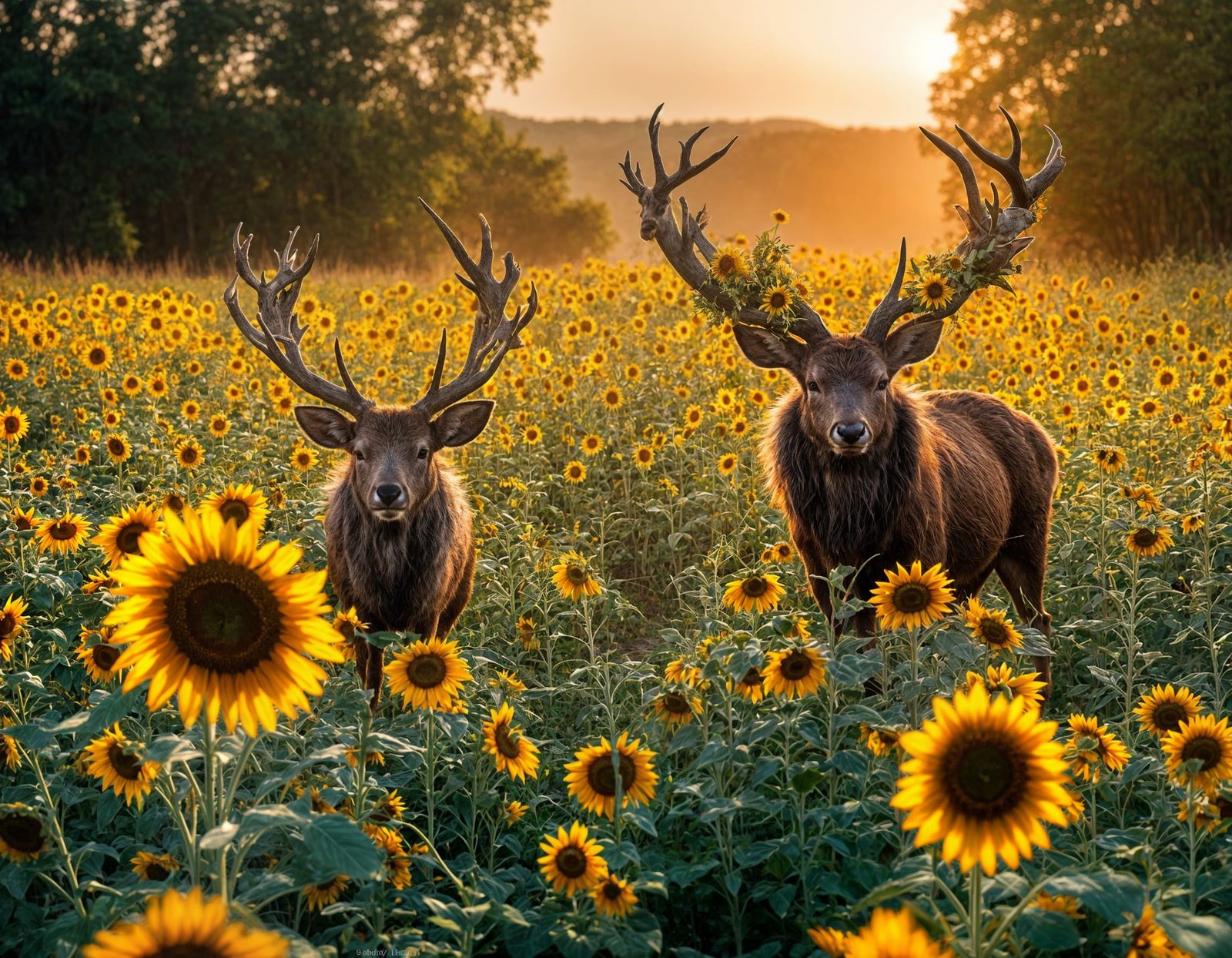 Stag in Sunflower Field at Golden Hour