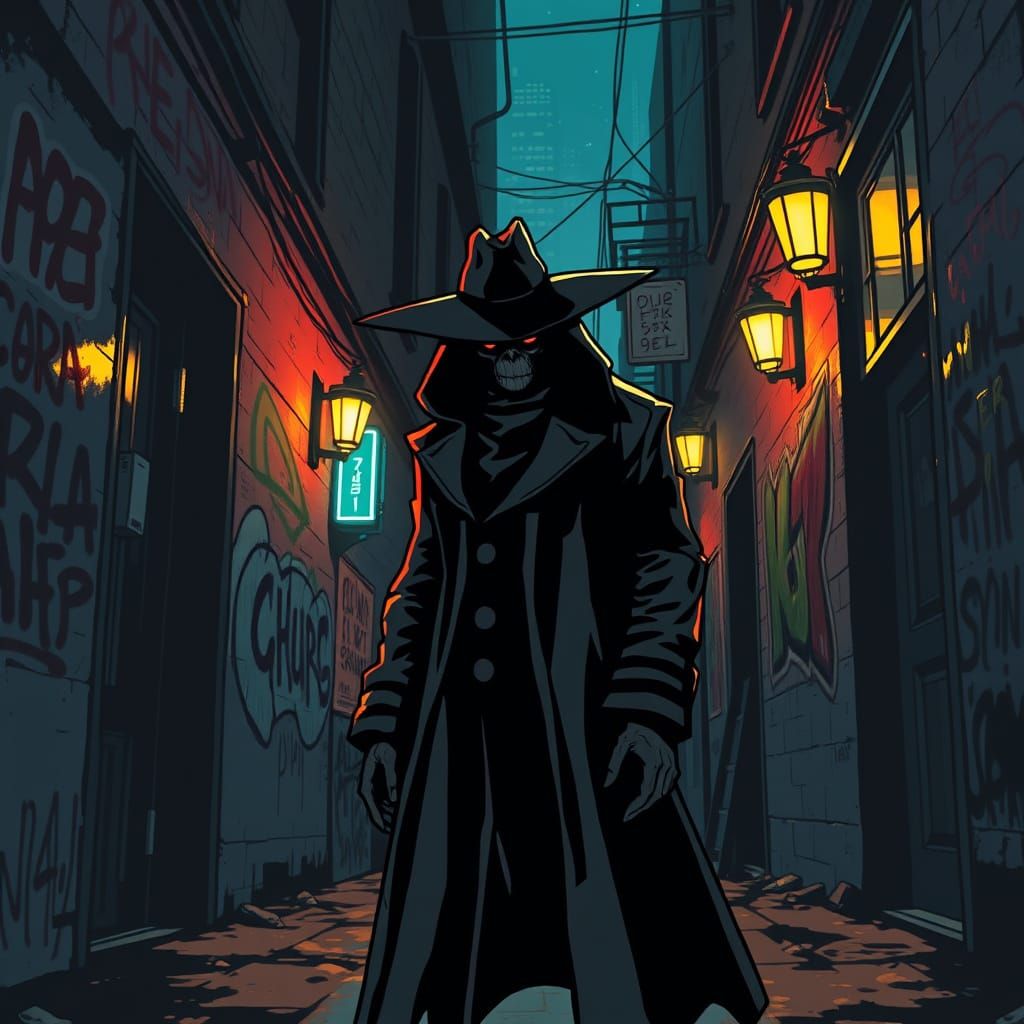 Mysterious Urban Enigma in Gorillaz Comic Book Style